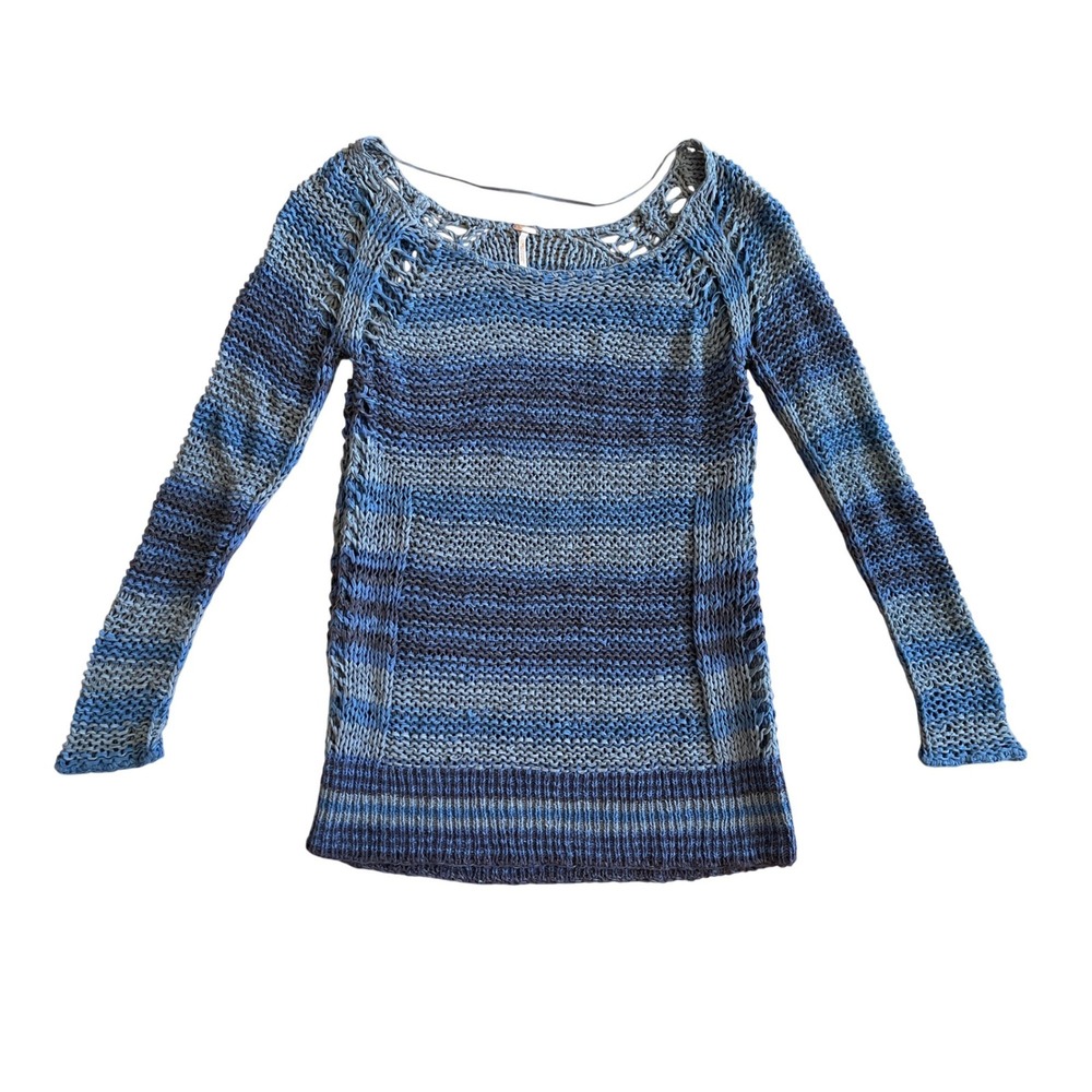 Free People Blue Striped Open Knit Scoop Neck Sweater Beach Boho Small Festival